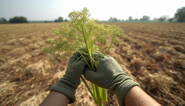 Hands Wearing Garden Gloves picking Fennel Seeds (Saunf)