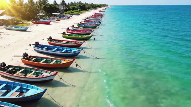 Row of colorful fishing boats moored on a sandy tropical beach next to clear turquoise ocean water