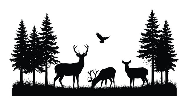 A black silhouette of deer and trees with a bird isolated on white background, Vector
