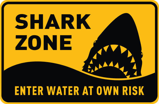 Shark zone warning sign with silhouette of shark head and text caution symbol for beach and ocean safety vector illustration