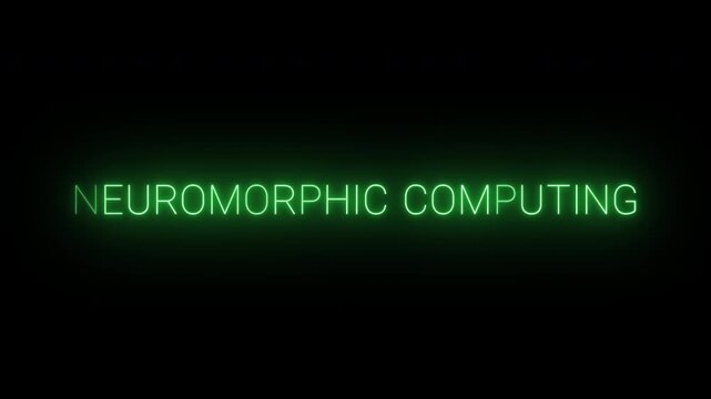 Flickering neon green glowing neuromorphic computing sign animated black background.