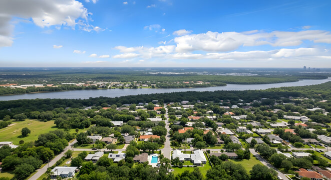 High angle aerial view of a green suburban neighborhood with a wide river and blue sky