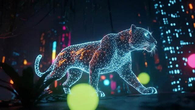 Digital Panther Roaming in a Neon Jungle, a Futuristic Wildlife Concept