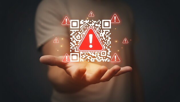 QR code with warning signs and glowing particles held in a hand, indicating a security alert