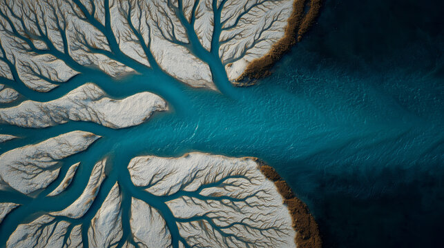 Aerial view of a river delta with turquoise water and branching tributaries creating a natural fractal pattern.