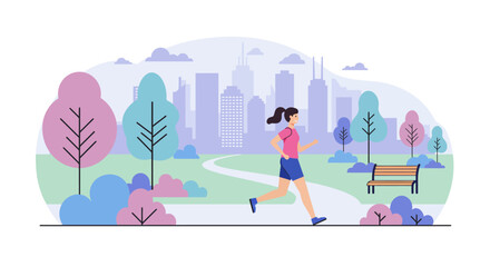 Running Woman Jogging in a Stylized Urban Park with City Skyline Background