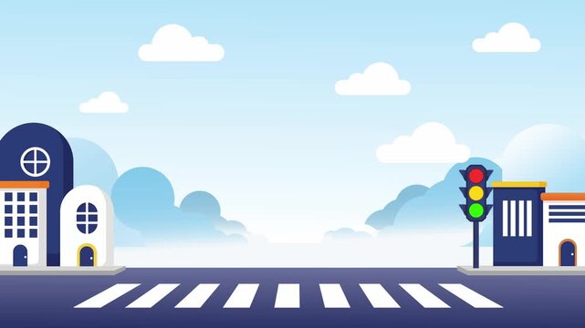 Animated background of city street with copy space area. Suitable for traffic education, urban planning presentations, cartoon backgrounds, kids storytelling, and transit concept videos.