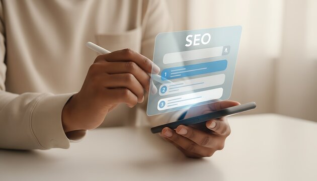 SEO strategy concept, person using smartphone and virtual screen for search optimization