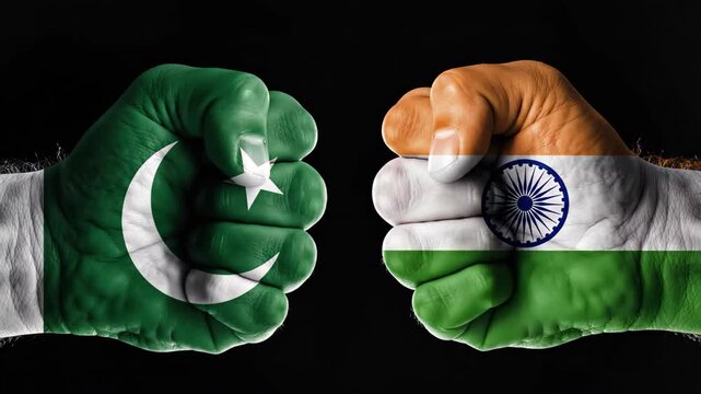 Fists painted with pakistan and india flags facing each other in conflict or rivalry concept