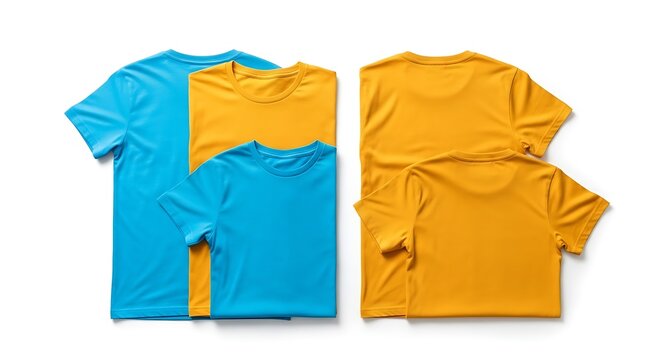 Stack of Crinkled T Shirts in Blue and Yellow Hues on White Surface