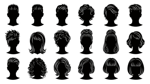 Collection of Silhouette Portraits Featuring Diverse Hairstyles and Hair Variations.