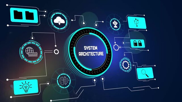 System architecture design on digital interface with cloud computing icons, information technology structure and network connectivity.