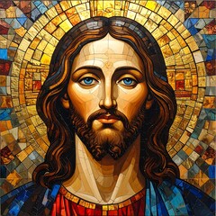 A mosaic portrait of a bearded man with a halo