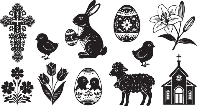 Black and white of Easter symbols and religious cross 1