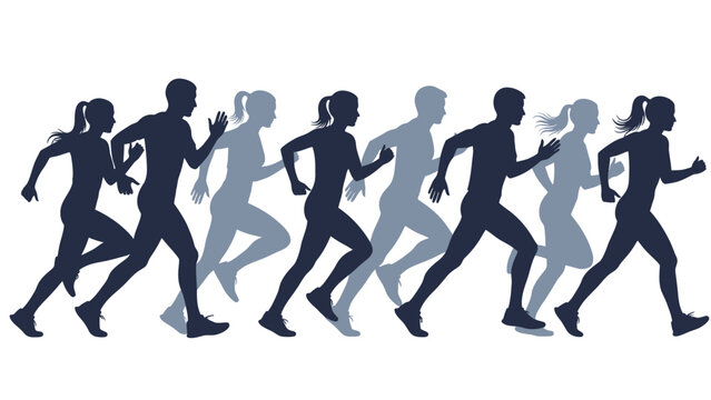 Group of runners in motion silhouette illustrating athletic training and teamwork among athletes.