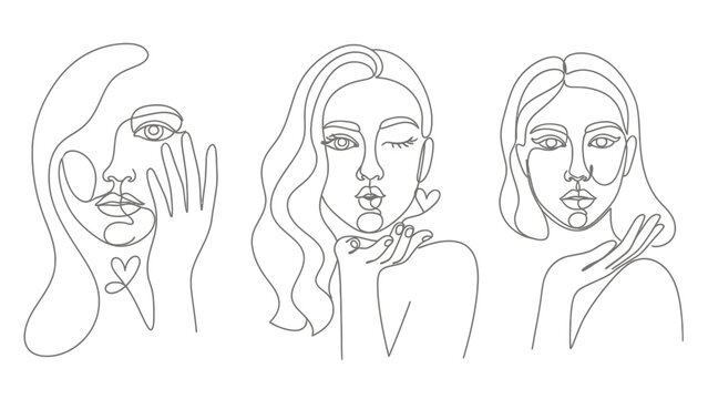 Minimal line art portrait trio of women with expressive poses.