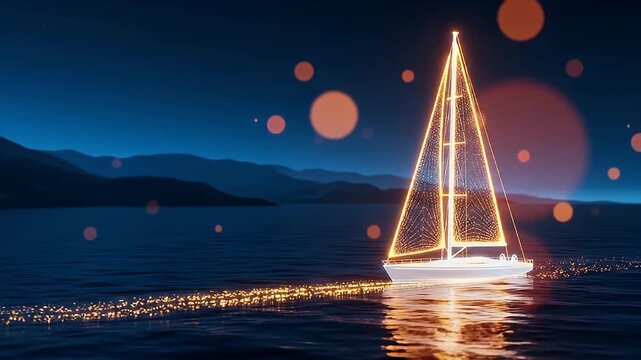 Elegant sailboat illuminated with golden lights sailing on a serene lake at night