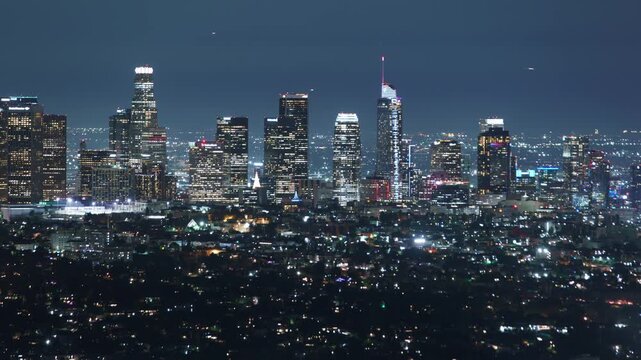 Los Angeles Downtown Skyscrapers Night Telephoto Griffith Park Time Lapse Zoom In California USA