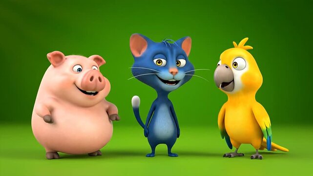Cartoon animals pig cat parrot smiling on green backdrop