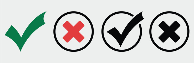Obraz premium Check mark icon button set with checkbox symbols, right and wrong buttons, yes or no indicators, green tick box and red cross icons for user interface design