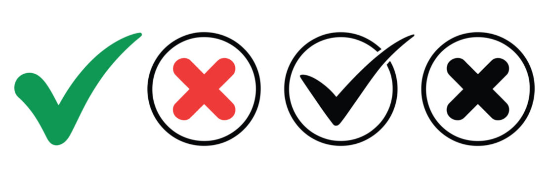 Check box icon collection featuring approval and rejection buttons, correct and incorrect symbols, green checkmark and red cross graphics, UI elements for forms, surveys