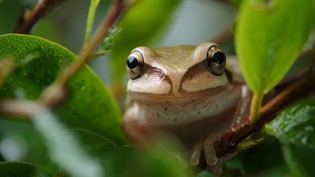 Brown Frog Peeking Through Green Leaves in Natural Setting