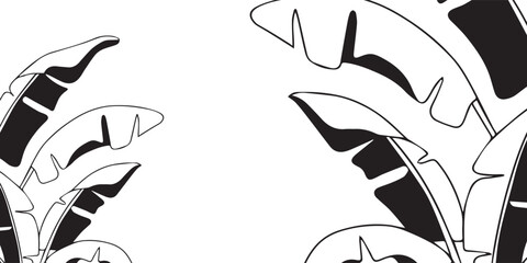 Black and white graphic illustration of tropical banana leaves creating a natural frame on a white background, minimalist botanical design. © Alfan