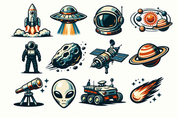 Space icon set, vector sci-fi cosmic retro futuristic sign, rocket launch, alien cosmic ship, helmet. Astronomy techno symbol collection, solar system, asteroid, astronaut silhouette. Space icon © Bibi