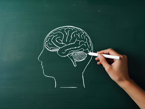 Hand drawing human brain anatomy with white chalk on a green chalkboard. Medical education, psychology, and mental health concept