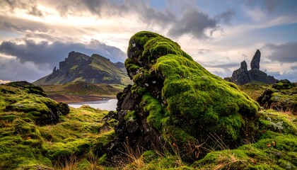 A serene landscape with mossy rocks and mountains under a cloudy sky