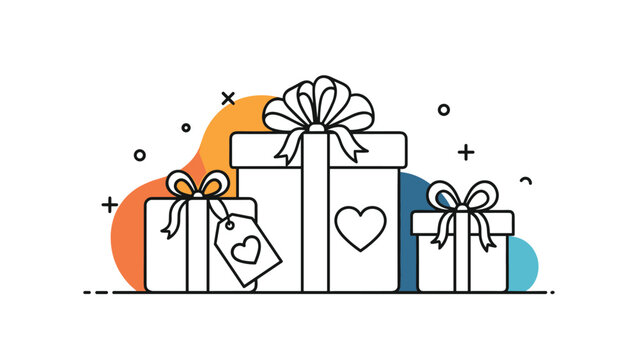 Minimalist line art illustration of three gift boxes with ribbons and hearts set against abstract colored background shapes.