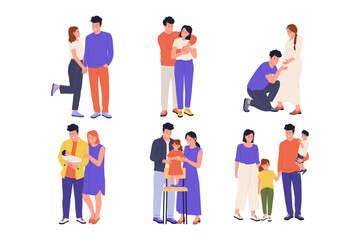 Happy Family Life and Multi Generational Relationship Illustration Set. A collection of family themed illustrations featuring a young romantic couple, a pregnant woman with her husband