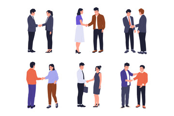 Professional Business People Handshake and Successful Partnership Illustration Set. A series of illustrations showing diverse business professionals shaking hands, representing successful deals