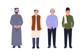 Diverse Muslim Men Wearing Traditional Islamic Outfits and Modest Fashion Set. A collection of Muslim men in various traditional clothes including thobe, keffiyeh, kurta, vest, kufi cap, and songkok