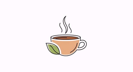 Vibrant steaming hot tea cup icon, featuring a fresh green leaf, ideal for illustrating warm beverages, daily rituals, and comforting prepared drinks
