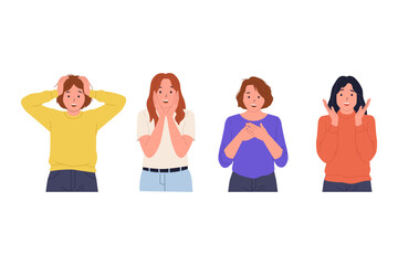Surprised and Shocked Facial Expressions Illustration Set for Various Emotions. A set of illustrations featuring young women showing various reactions of surprise, amazement, and shock
