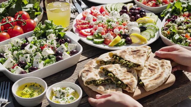 Serving a selection of greek appetizers including spanakopita, feta salad, and olives outdoors