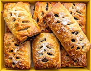 A tray of golden-brown pastries with powdered sugar, arranged artfully