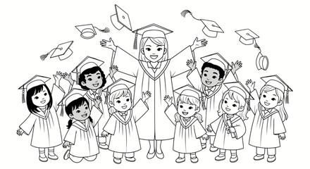 Diverse Children and Teacher Celebrate Graduation with Flying Caps