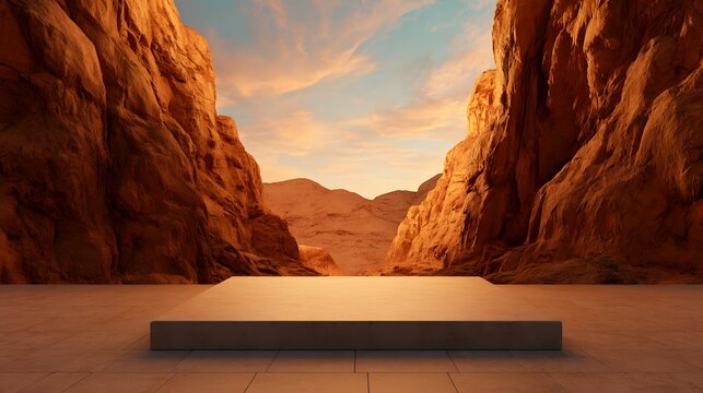 Desert Stage for Product Display: A rectangular stage set against the backdrop of a vast desert landscape and towering rock formations, bathed in the warm, inviting light of a setting sun. 