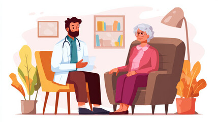 Fototapeta premium A man and a woman are sitting in a living room. The man is a doctor and the woman is an elderly patient. The doctor is explaining something to the patient. Scene is serious and informative