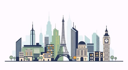 Obraz premium Global cityscapes featuring famous architectural landmarks and urban skylines from around the world, illustrating international travel and diverse metropolitan areas