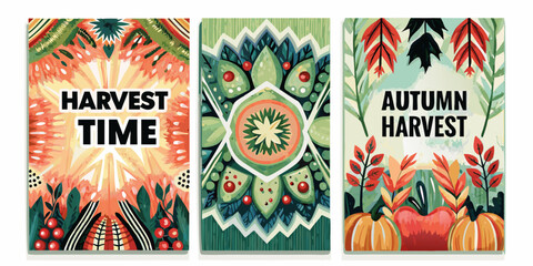 Three autumn harvest themed banners with vibrant watercolor illustrations © Sabuj