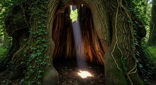 A ray of sunlight shining through a large hollow cavity in an ancient mossy tree trunk