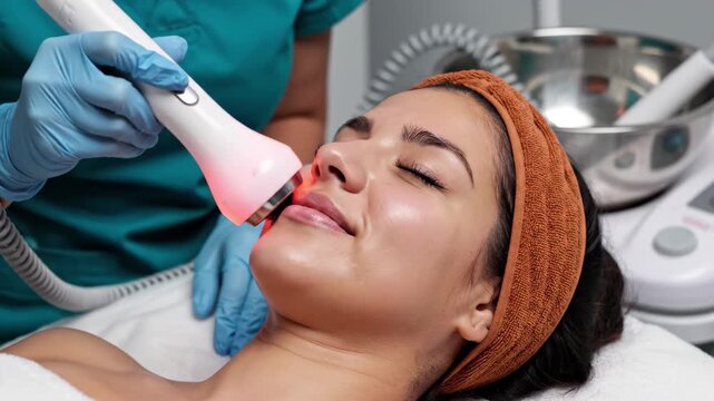 Woman receiving facial skin treatment with a handheld led light therapy device by a professional