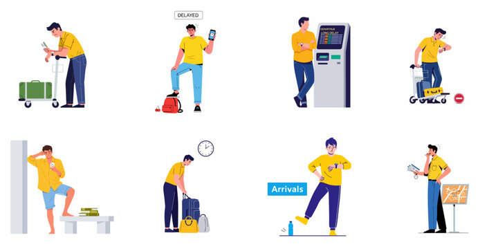 Frustrated Passengers Experiencing Travel Delays: Illustrations of Waiting at Airports, Cancellations, and Disrupted Journeys