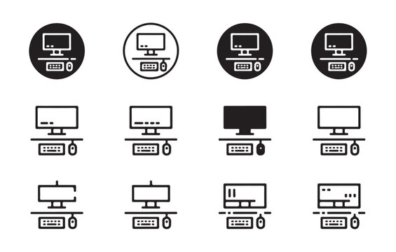 Computer workstation icons set showing monitor keyboard and mouse on desk in various styles