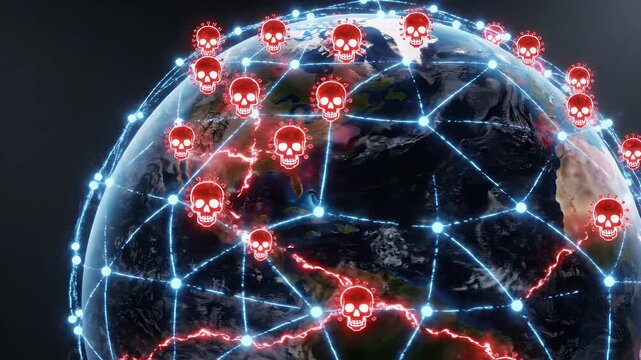 Global Network Connectivity With Digital Skull Icons Representing Cyber Threat And Data Security Risk Illuminated Earth