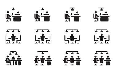 Corporate meeting room configurations and collaboration space icons for office floor plan
