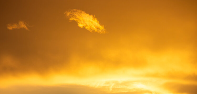 Wispy golden clouds float in a bright amber sky